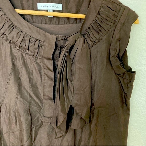 See By Chloe Brown Silk Sleeveless Scoop Neck Ruffle Bow Mini Dress, Size US 4 - Picture 3 of 7
